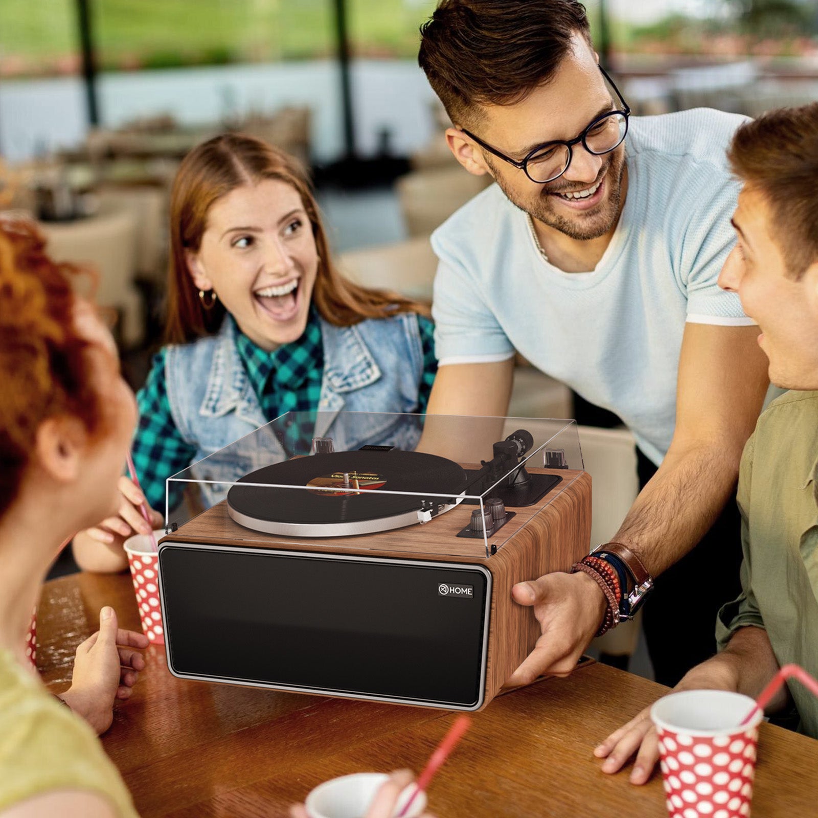 All in One Vinyl Record Player,Bluetooth Turntable Built in 4 Stereo Speakers Phono Preamp,High Fidelity Turntables for Vinyl Records with Magnetic Cartridge AT-3600L MM,Belt Drive 2-Speed,33/45 RPM XJ-HOME