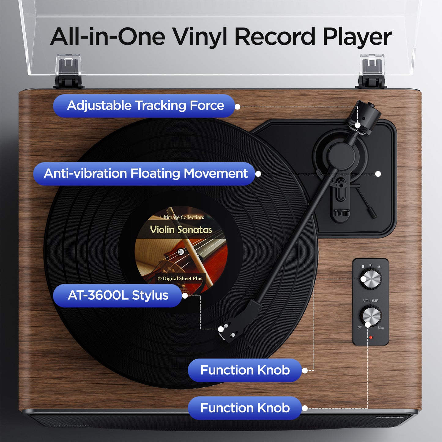 XJ-HOME All-in-One Vinyl Record Player(Yellow Walnut Wood)