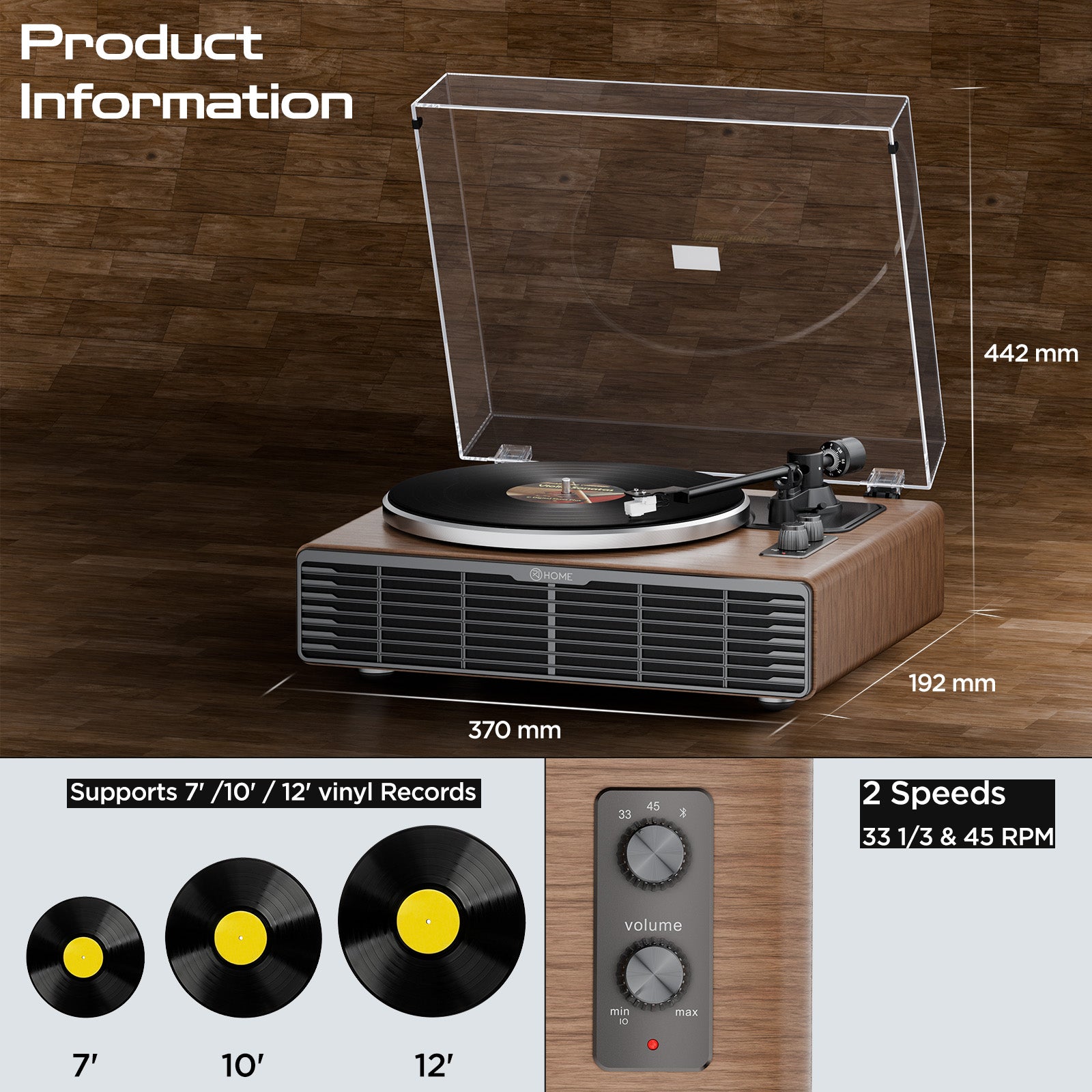 Vinyl Record Player, All-in-one Record Player with Built-in Speakers, Bluetooth Turntable for High Fidelity Sound, Aux-in Functionality, 2 Speed, for Sound Enjoyment and Home Decor
