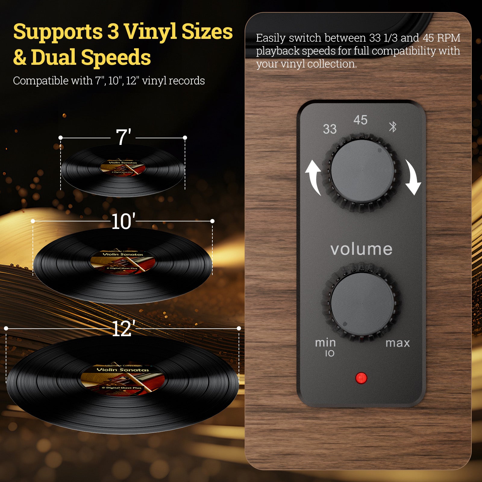 XJ-HOME Vinyl Record Player with Treble/Bass Speakers,Bluetooth HiFi Turntable with Magnetic Cartridge AT-3600L(MM),Phono Preamp,33/45 RPM Belt Drive 2-Speed,AUX in/RCA Out