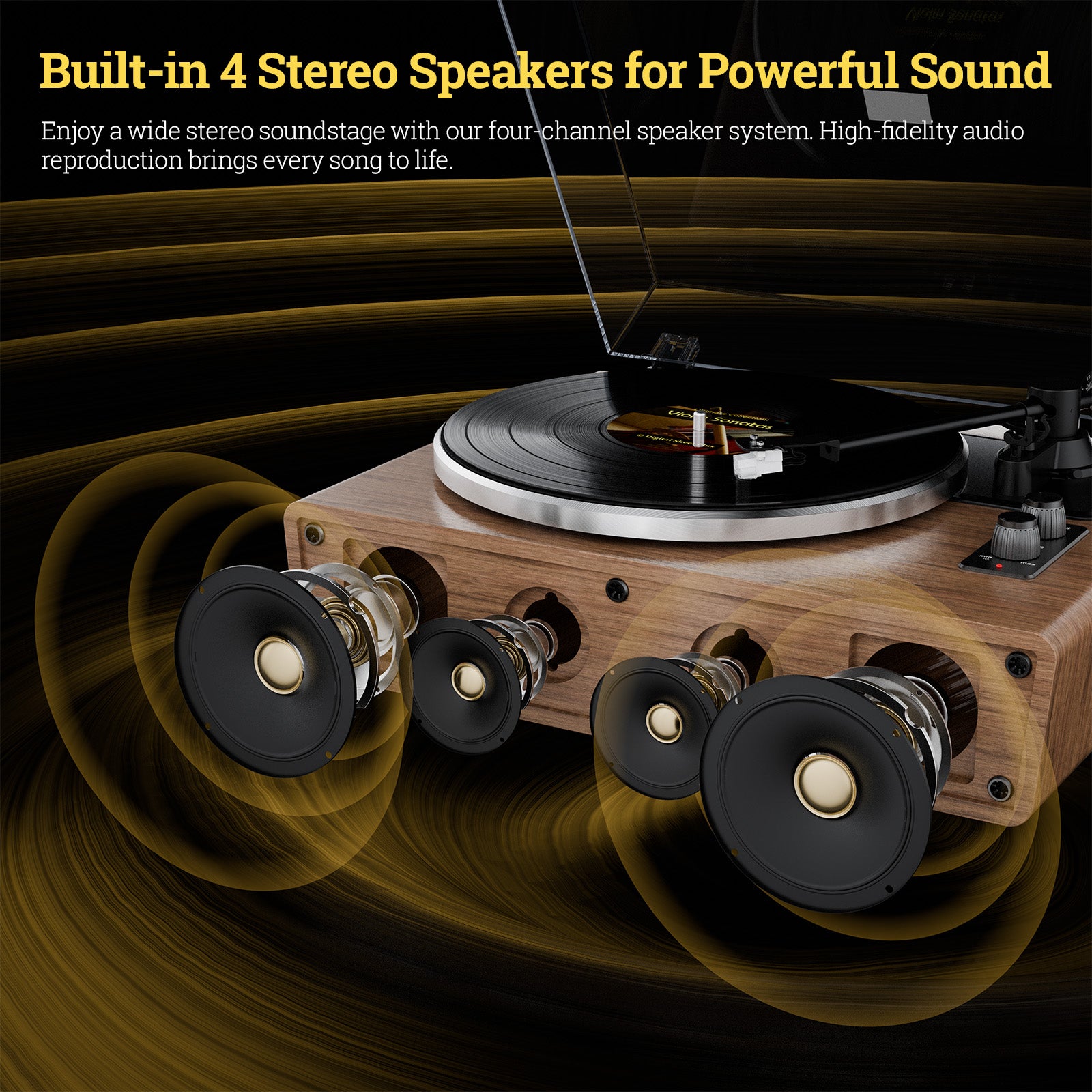 XJ-HOME Vinyl Record Player with Treble/Bass Speakers,Bluetooth HiFi Turntable with Magnetic Cartridge AT-3600L(MM),Phono Preamp,33/45 RPM Belt Drive 2-Speed,AUX in/RCA Out