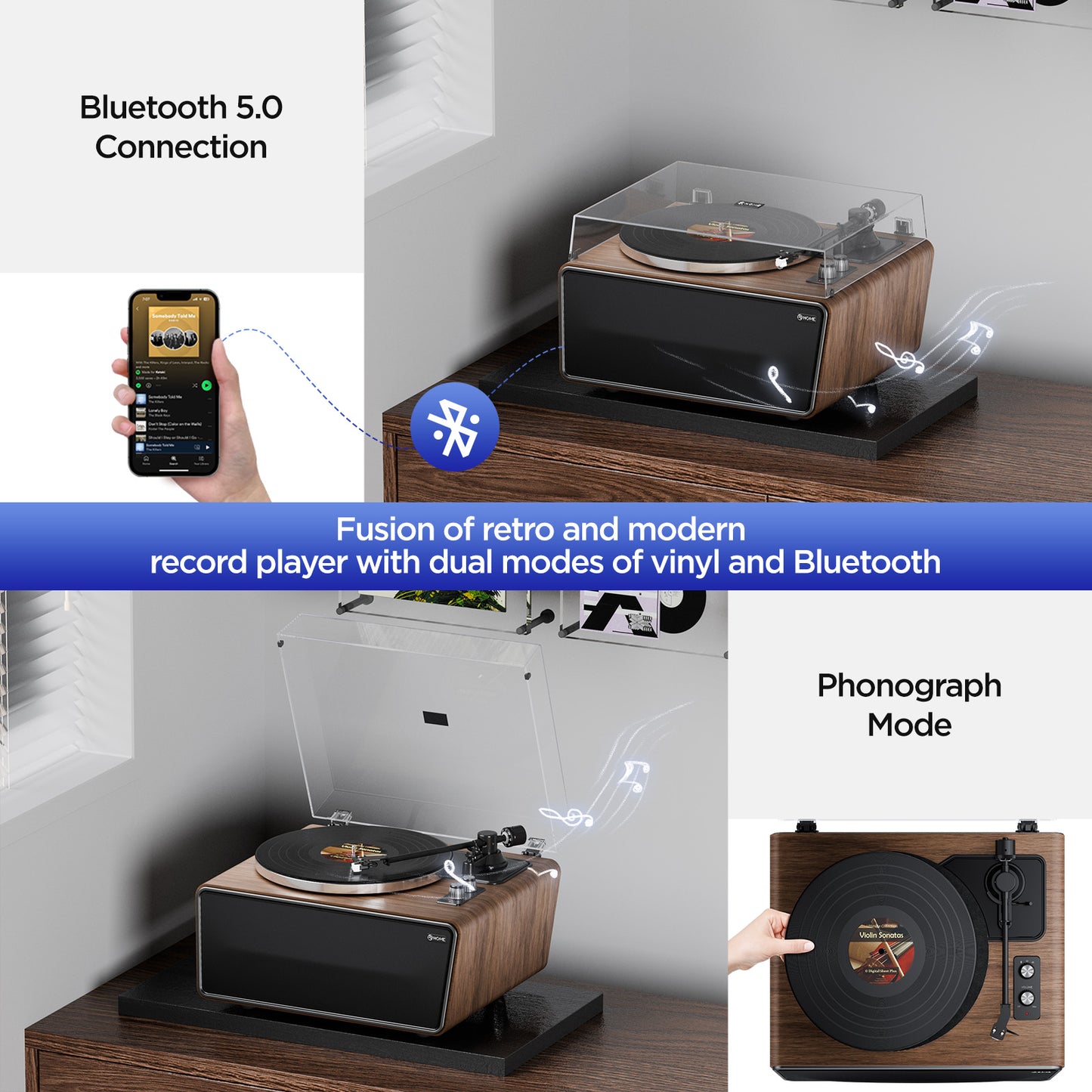 XJ-HOME All-in-One Vinyl Record Player(Yellow Walnut Wood)
