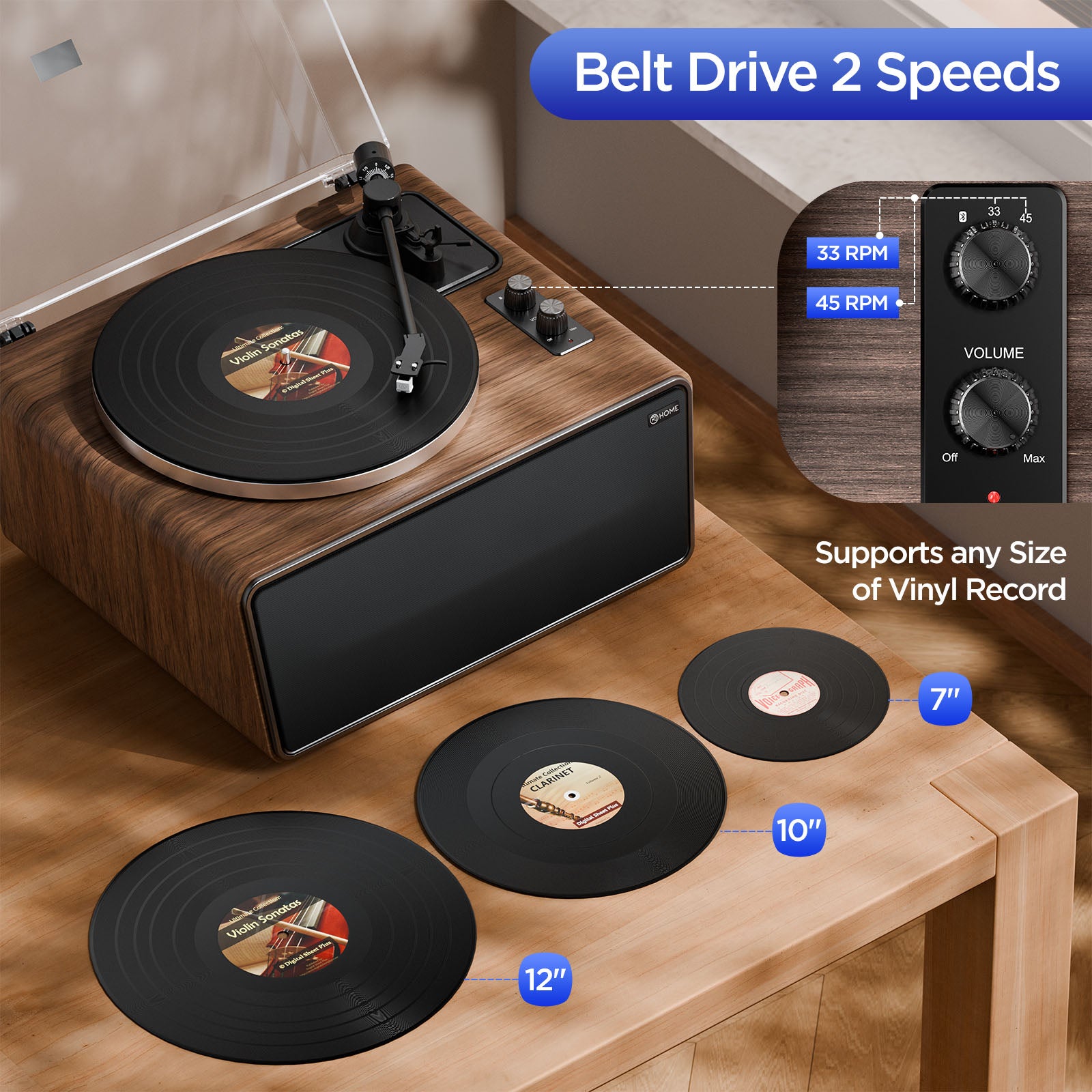 All in One Vinyl Record Player,Bluetooth Turntable Built in 4 Stereo Speakers Phono Preamp,High Fidelity Turntables for Vinyl Records with Magnetic Cartridge AT-3600L MM,Belt Drive 2-Speed,33/45 RPM XJ-HOME