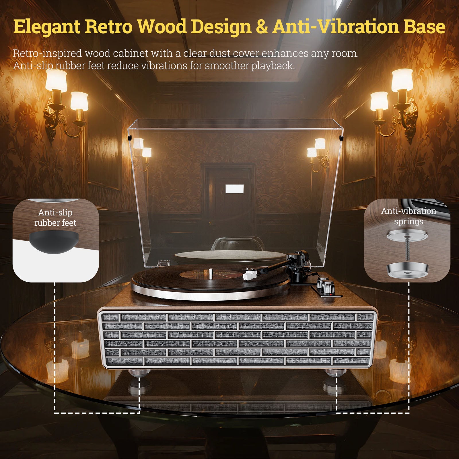 XJ-HOME Vinyl Record Player with Treble/Bass Speakers,AUX in/RCA out,Auto Off