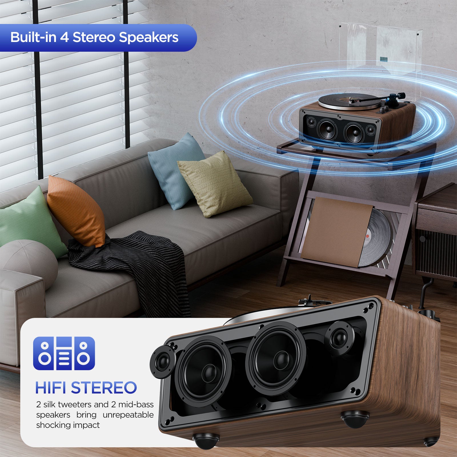 All in One Vinyl Record Player,Bluetooth Turntable Built in 4 Stereo Speakers Phono Preamp,High Fidelity Turntables for Vinyl Records with Magnetic Cartridge AT-3600L MM,Belt Drive 2-Speed,33/45 RPM XJ-HOME