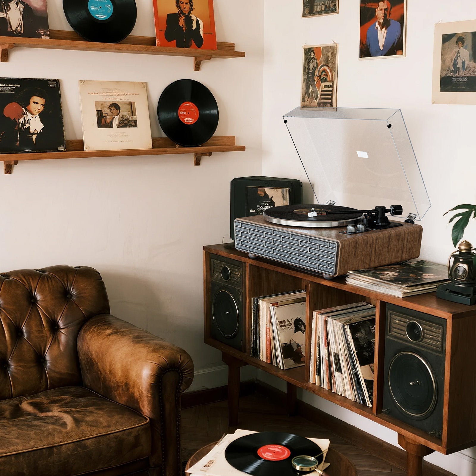 XJ-HOME Vinyl Record Player with Treble/Bass Speakers,Bluetooth HiFi Turntable with Magnetic Cartridge AT-3600L(MM),Phono Preamp,33/45 RPM Belt Drive 2-Speed,AUX in/RCA Out