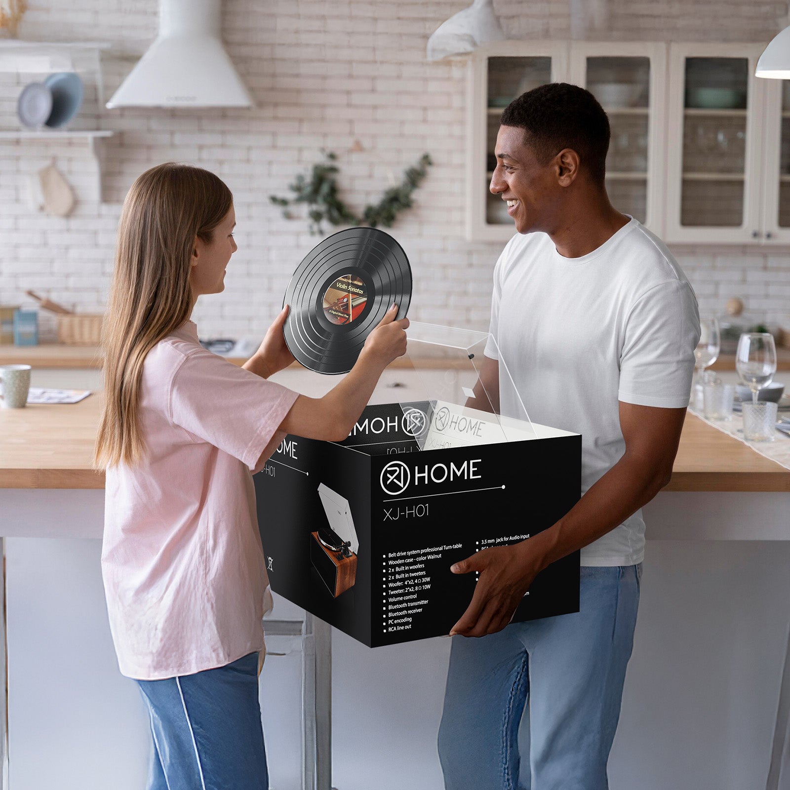 All in One Vinyl Record Player,Bluetooth Turntable Built in 4 Stereo Speakers Phono Preamp,High Fidelity Turntables for Vinyl Records with Magnetic Cartridge AT-3600L MM,Belt Drive 2-Speed,33/45 RPM XJ-HOME