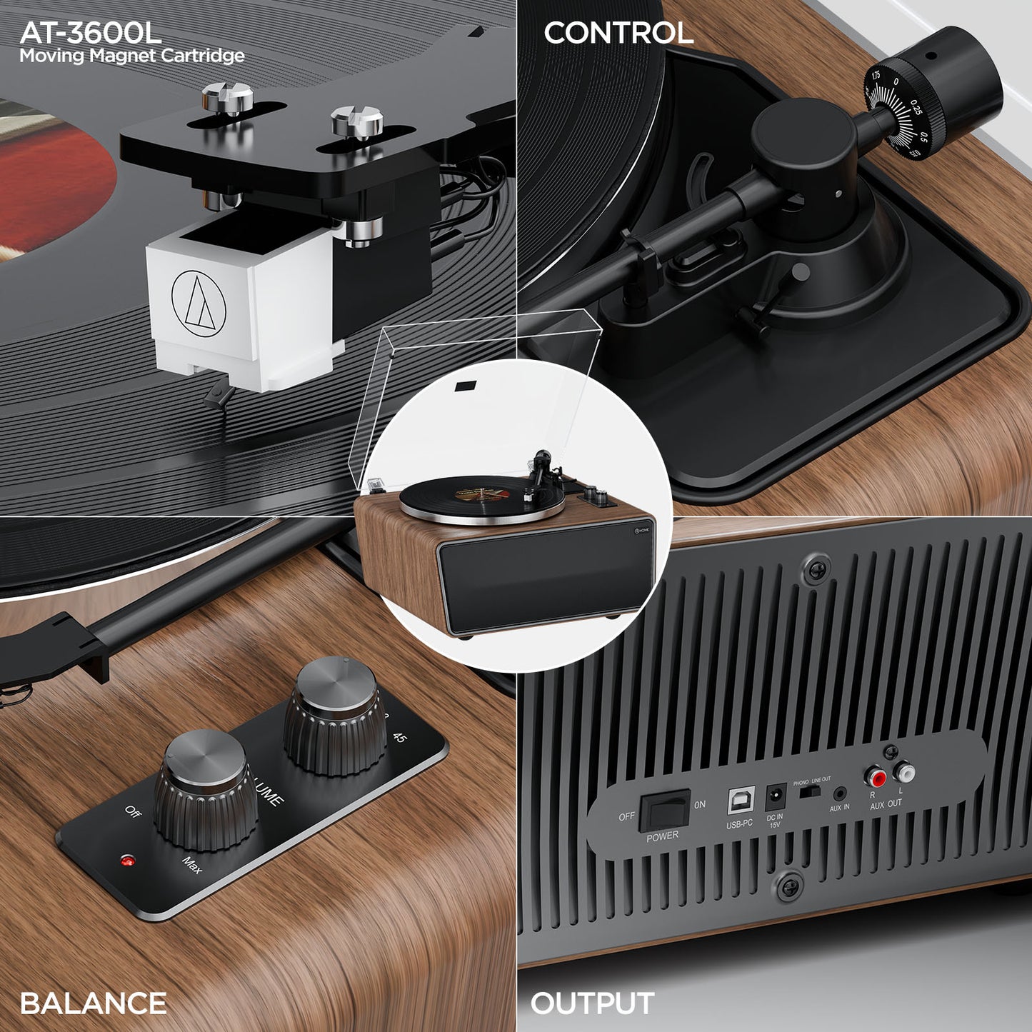 XJ-HOME All-in-One Vinyl Record Player（Yellow Walnut Wood）